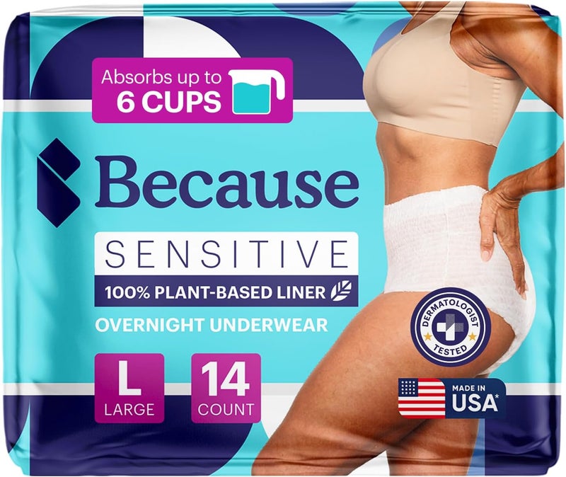 because Adult Incontinence Underwear for Sensitive Skin - Women - Premium Overnight Disposable Briefs, Anti Odor - White, Large - Absorbs 6 Cups - 14 Count (Pack of 1) - Image 1